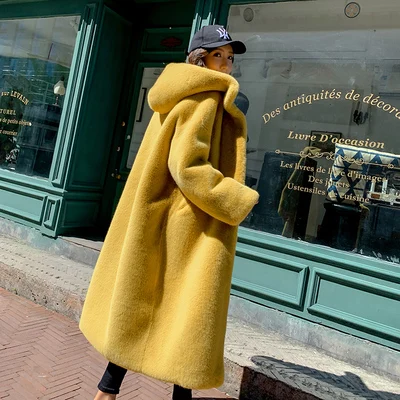 yellow Осень-зима норки норковая шуба плюс Размеры Большие размеры корейский стиль; пальто с искусственным мехом свободные толстое длинное пальто с капюшоном женщина YYY504 - Цвет: yellow