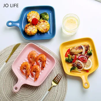 

JO LIFE Square Cheese Baked Rice Plate with Handle Kitchen Baking Tray Nordic Style Ceramic Dish
