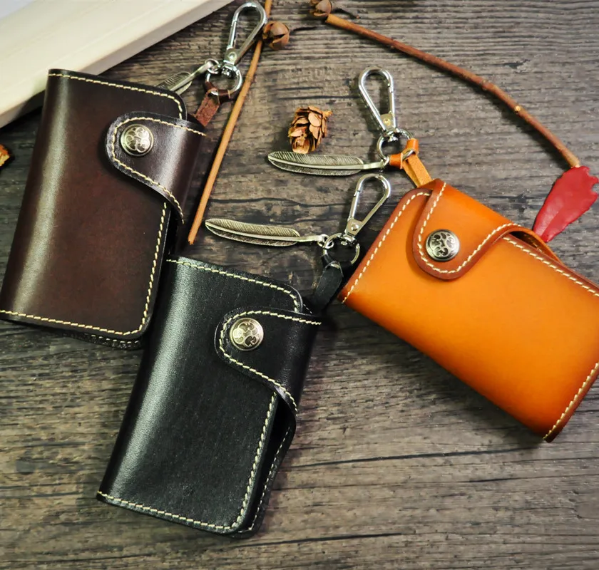 

Vintage Genuine Leather Handmade Key Holder Hasp Vegetable Tanned Leather Keychain Durable Car Key Case