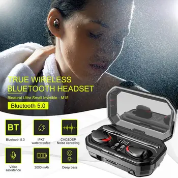 

M15 Bluetooth 5.0 Earphones Wireless Headphones With Microphone Sports Waterproof Headsets 2000mAh Charging Box & Flashlight