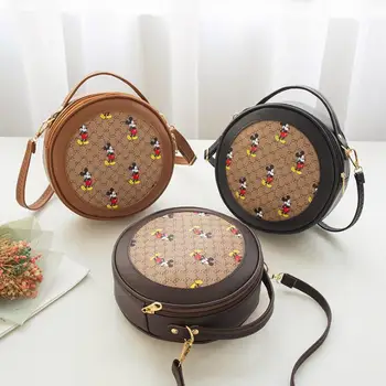 

Disney Round Leather Handbag Totes Women Messenger Bags PU Crossbody Bag Vintage Mickey Mouse Ladies Shoulder Bag Leather Hobos