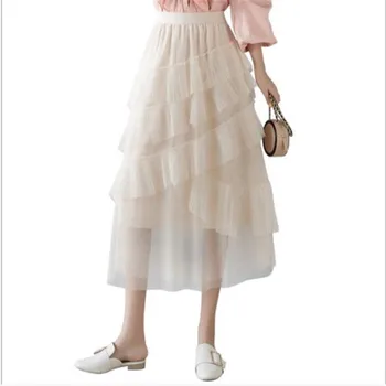 

Fashion Women Tull Skirt Spring Summer 2020 A-Line Mesh Women Skirt Irregular High Elastic Waist Ruffles Skirt Femme H447