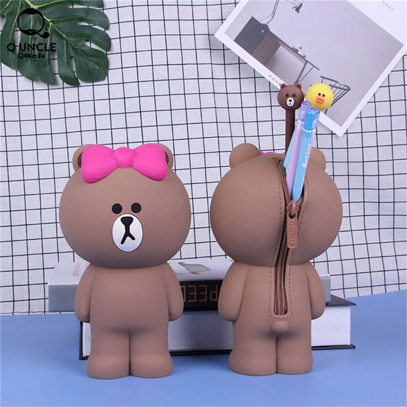

Q UNCLE Beautiful Soft Silicone Bow Bear Pencil Case Bag Cute Travel Cosmetic Bag Cartoon Makeup Case Zipper Nylon Cosmetic Bags