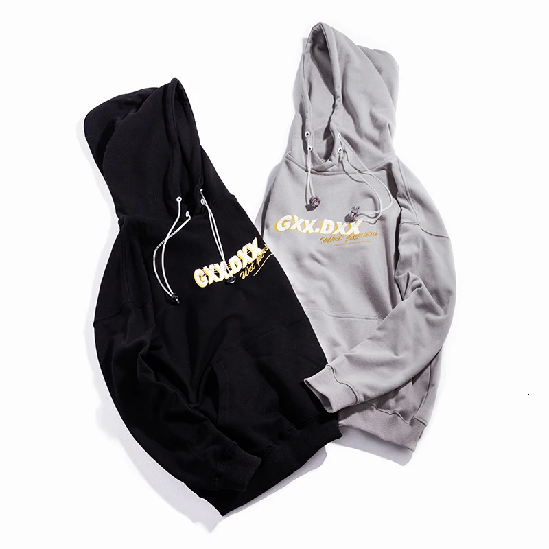 

YUECHEN Spring And Autumn Men's Casual New Loose Letter Hooded Pocket Decoration Solid Color Cotton Polyester Hoodies