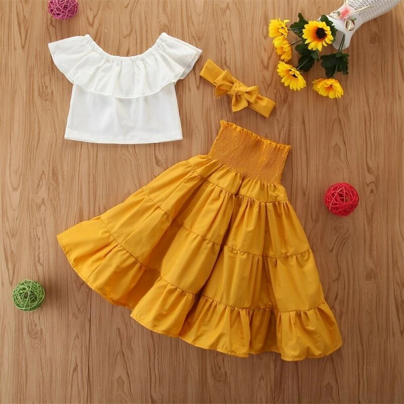 baby clothing sets	 3pcs Summer Kids Baby Girls Clothes Sets Fashion Cute Off Shoulder Crop Tops Ruffle Tutu A-Line Skirts Headband Girls Outfit Set clothing sets beach	