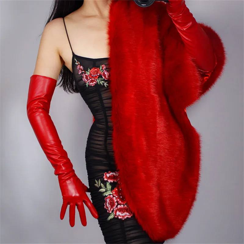 red 60cm Стильные кожаные перчатки средней длины 28 см из искусственной кожи и овчины, женские красные рождественские перчатки из искусственной кожи WPU55 - Цвет: red 60cm