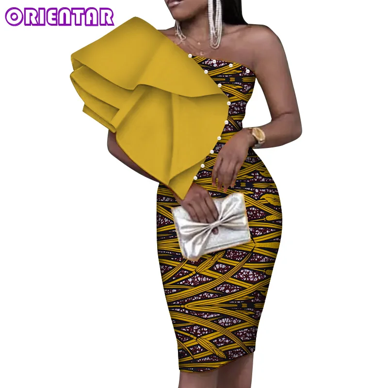 Женские африканские платья, модные африканские Базен Riche с принтом, хлопковые вечерние платья-карандаш миди на одно плечо, Женская африканская одежда WY4857 - Цвет: 11