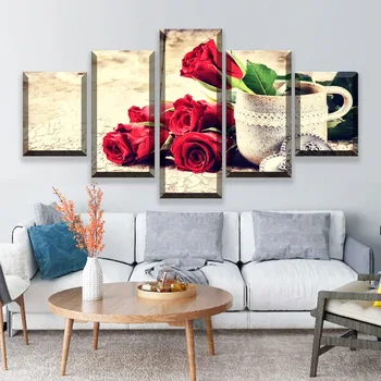 

Modern Canvas Printed Pictures Home Decor 5 Pieces Red Rose Flowers Painting Modular Poster Framed Wall Art For Living Room