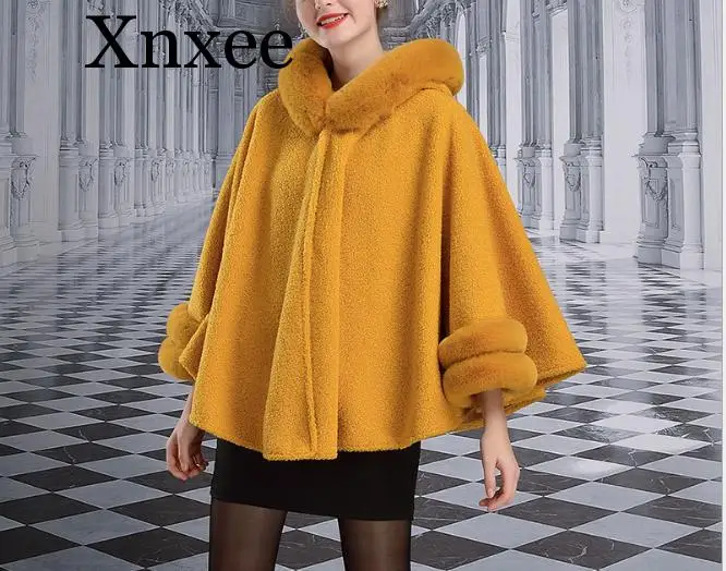 

Women's European and American new autumn and winter lamb fur cape rex rabbit fur collar shawl coat
