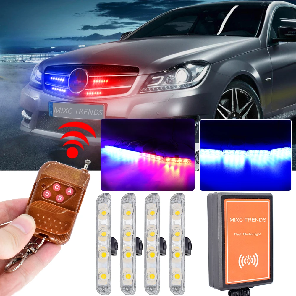 

4X4 LED Strobe Warning Police Light Wireless Remote For Car Truck Motorcycle Emergency DRL Day Running Ambulance Firemen Light