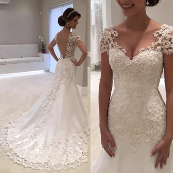 

Sexy Backless Mermaid Wedding Dress 2020 Lace Appliques Pearls Bridal Gowns Elegant Short Sleeves Bride Dresses Wedding Party