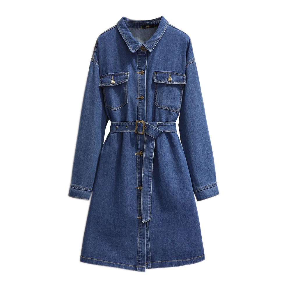 autumn winter plus size denim dress for women large loose casual long sleeves lapel dresses belt blue 3XL 4XL 5XL 6XL 7XL