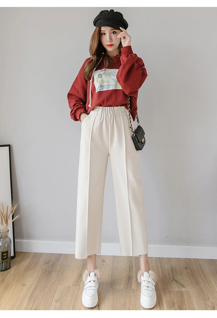 Eэластичные повседневные шерстяные брюки с высокой талией, женские повседневные брюки больших размеров, черные серые широкие брюки, зимние шерстяные брюки длиной до щиколотки