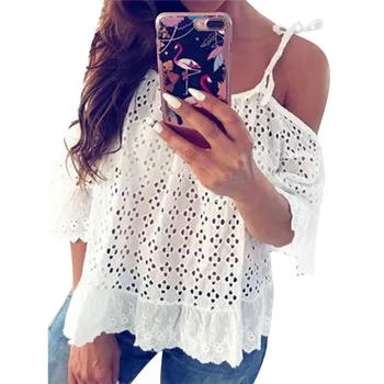 

Fashion Womens Tops and Blouses Elegant Lace Hollow out Shirt Off Shoulder Short Sleeve Dames Blouses Ladies Summer Streetwear