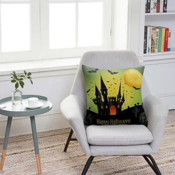 

Halloween Cushion Cover High Qulity Linen Throw Pillow Castle Pumpkin Printed Decorative Pillow Case For Sofa Bedroom 6 Pcs/Set