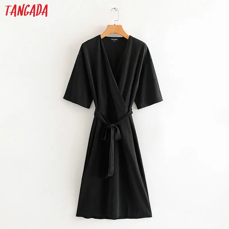 Tangada Women solid amy green long jumpsuit short Sleeve v neck bow tie female casual Jumpsuit HY35