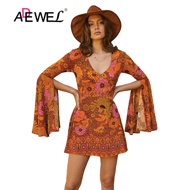 

ADEWEL Orange Yellow Jupiter Dress V-neck Irregular Sleeves Bohemia Woman Dress Vestidos Japonesas Kawaii 2019 Mujer De Fiesta