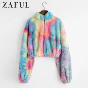

ZAFUL Hoodies Women Tie Dye Zip Front Faux Fur Fluffy Sweatshirt Drop Shoulder Cool Streetwear Colorful Winter Short Warm Tops