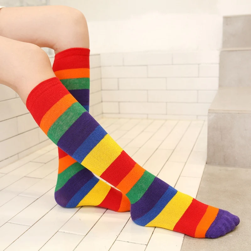 Girls Socks Knee Casual Fashion Rainbow Striped Printing Knee Socks Kids Breathable Cotton