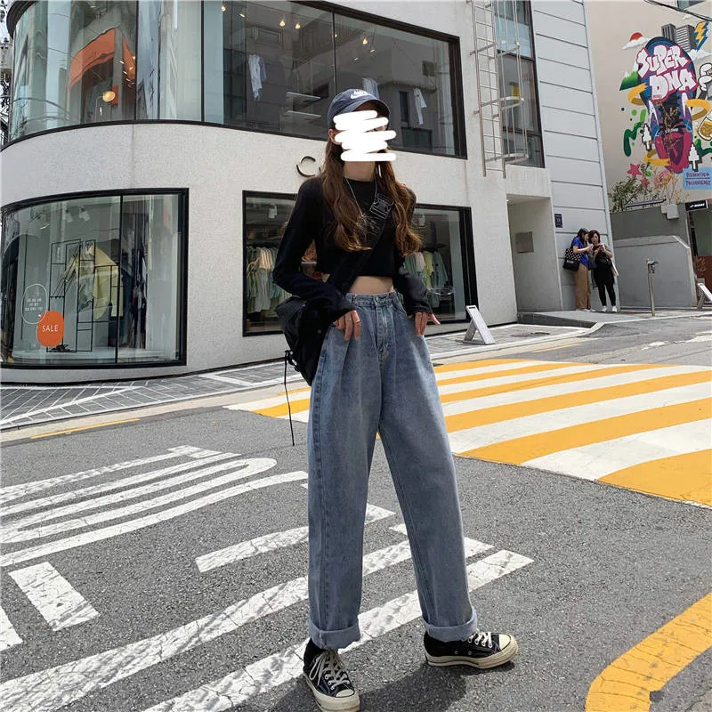 Свободные винтажные женские длинные джинсы осенние отбеленные Повседневные Джинсы бойфренда широкие брюки большие джинсы с высокой талией уличная одежда