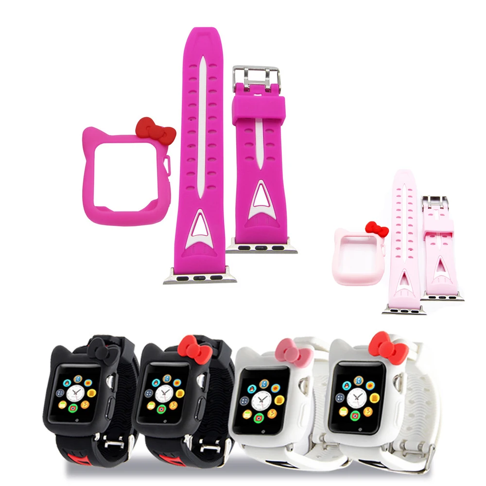 

Cartoon Soft silicone watchband Case 2 in 1 For Apple Watch band 38mm 42mm Hello kitty protector Strap For iwatch series 3/2/1