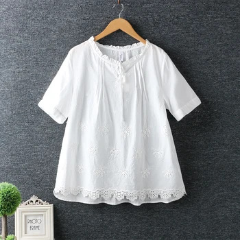 

2020 New Summer Women Blouse Japan Style Fresh Embroidery Pullover Shirt Short Sleeve Cotton and linen Loose Tops Women