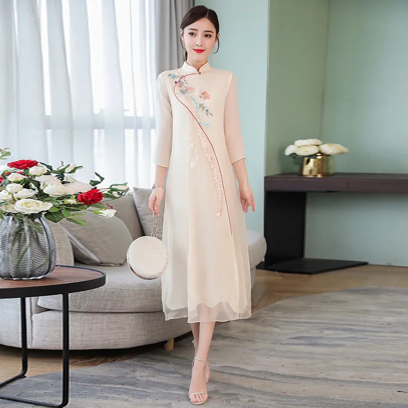 

2019 Spring And Summer New Style Chinese-style Retro Loose-Fit Mid-length Improved Cheongsam Style Dress