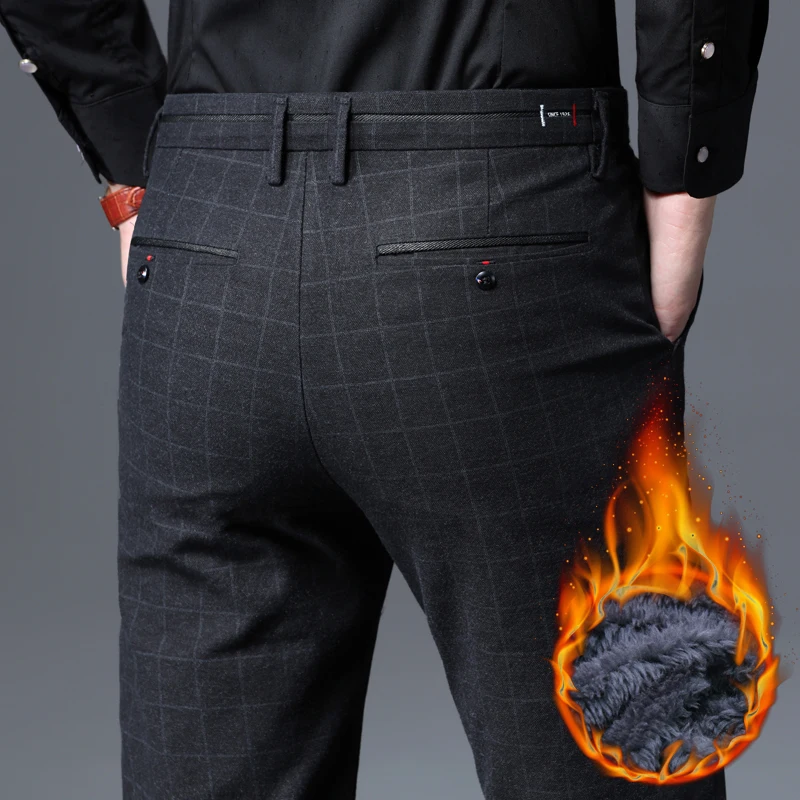 Мужские флисовые толстые клетчатые повседневные штаны новые классические стильные деловые модные зимние теплые брюки Черная синяя брендовая одежда
