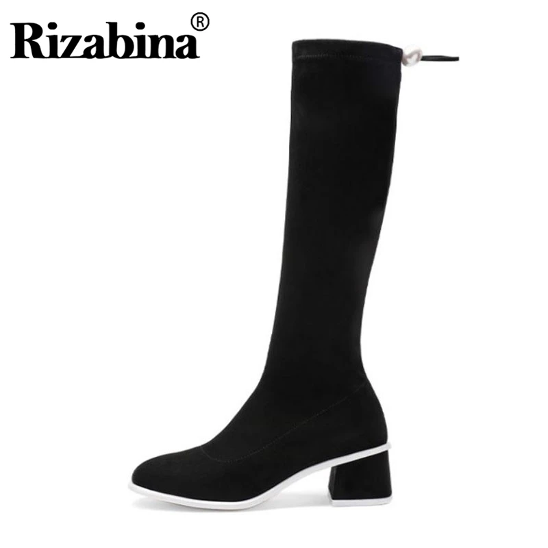 RIZABINA/женские эластичные сапоги высокого качества однотонные сапоги до колена с круглым носком зимняя теплая женская обувь на толстом каблуке размер 34-39