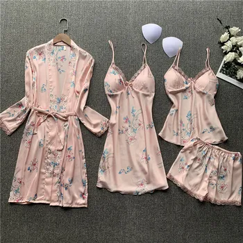 

Pajama women's four piece sexy summer suspender nightdress Korean version home clothes printed Nightgown thin simulation silk pa