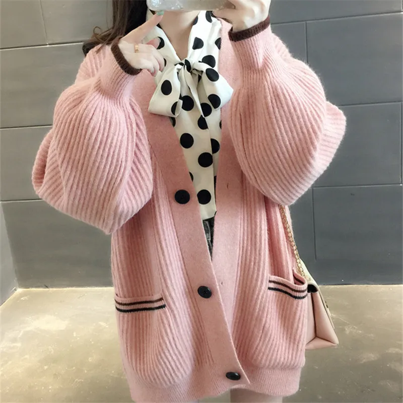 

Autumn Winter Knitted Sweater Women Cardigan 4 Color Loose V Neck Lantern Sleeve Big Pocket Knitting Sweaters Jacket Coat Female