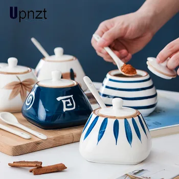 

Japanese Style Ceramic Seasoning Pot Set Kitchen Salt Shaker Seasoning Box Seasoning Bottle Sugar MSG Seasoning Pot