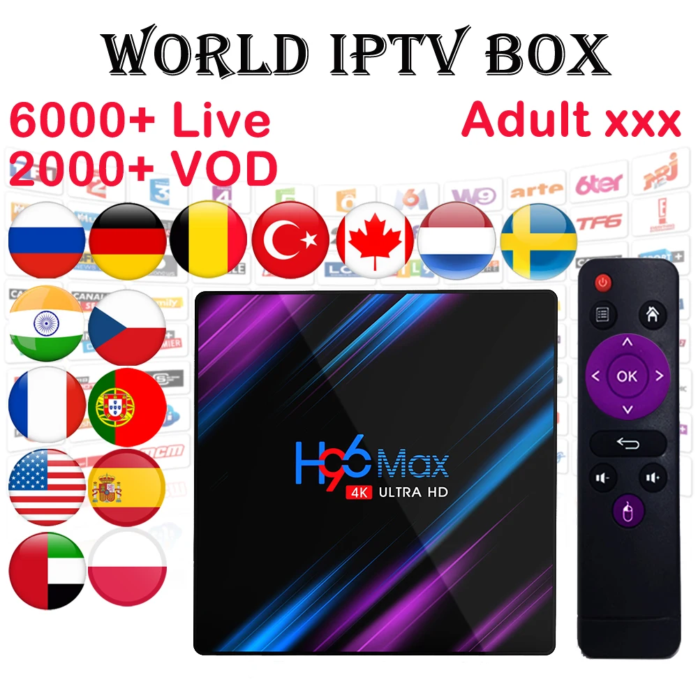 

World IPTV Box H96 MAX TV BOX Android 9.0 Smart Media Player 6000+Live France German Spain xxx 1Year iptv subscription Iptv box