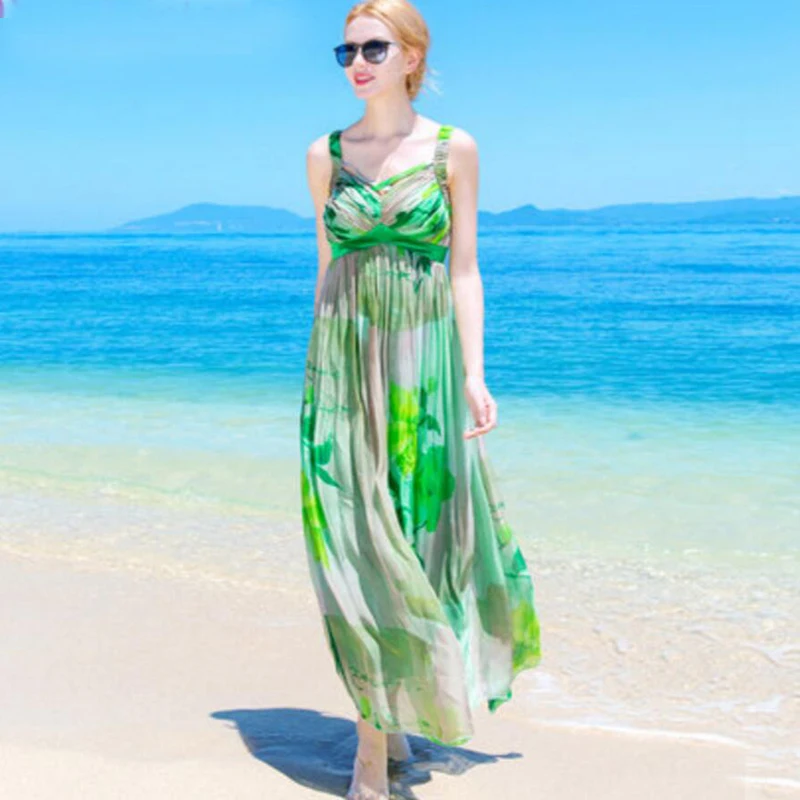 Шелковое летнее платье для женщин элегантное пляжное длинное зеленое с принтом
