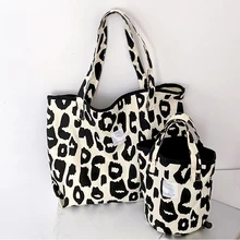 

Women Shoulder Bag 2022 Canvas Totes Bag Girl Fashion Casual Large Capacity Shopper Bag With Snap Cute Leopard Printing Handbags