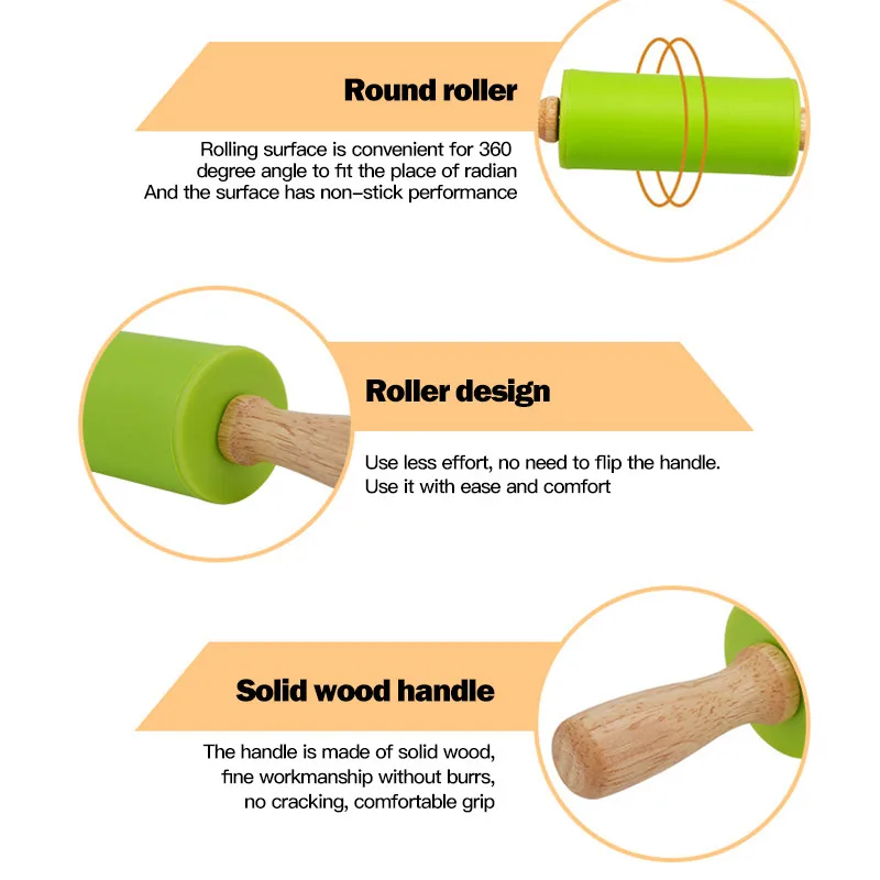 Non-Stick Wooden Handle Silicone Rolling Pin Fondant Pasta Cookie Dough Pastry Bakery Noodle Roller Kitchen Cooking Baking Tools