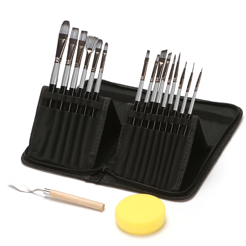 15pcs/set Nylon Artist Paint Brushes Palette Knife Sponge Set With Storage Case Watercolors Acrylic Oil Painting Art Supplies