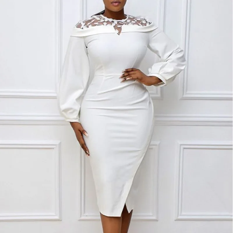 

Women Dresses Patchwork Mesh Long Lantern Sleeve Navy Blue Bodycon Slim Office Ladies Classy Fashion African Female Vestidos New