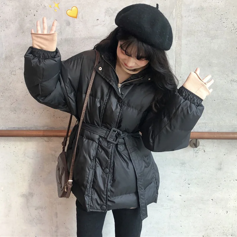

Cotton Coat Winter WOMEN'S Dress 2019 New Style Bandage Cloth Waist Hugging Black And White with Pattern down Coat Students Loos