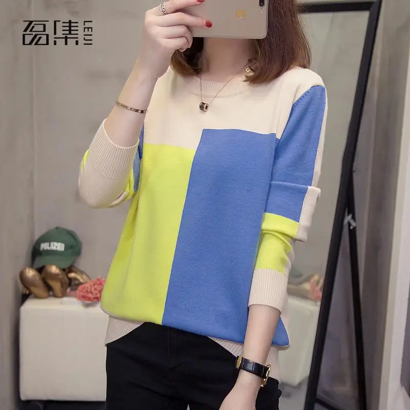 

Autumn Winter Sweater Women plus size Long Sleeve Pullover Women Basic Sweaters Contrast color Knitted Tops Femme