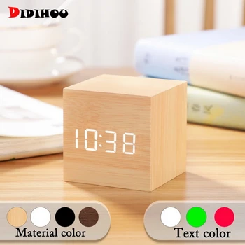 

Small Square Digital Wooden LED Alarm Clock Wood Retro Glow Clock Desktop Table Decor Voice Control Function Snooze Desk Tools