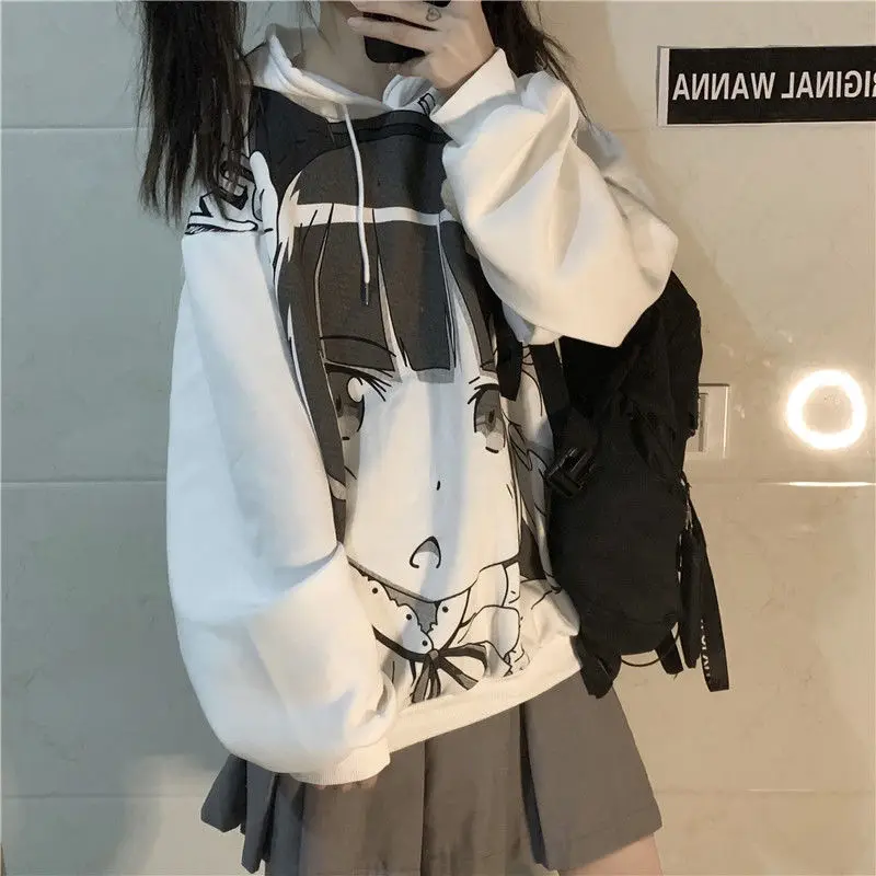 QWEEK Anime Sweatshirt with Print Spring 2021 Women Japanese Harajuku Manga Kawaii Cute Hoodies Streetwear Women White Tops