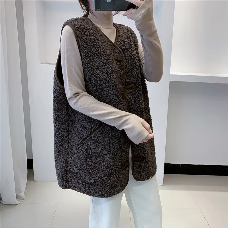 Lamb Hair Women's Vest 2023 Autumn New Korean Loose Women's Coat Fur Suede Jacket Sleeveless Single-Breasted Parkas Waistcoat