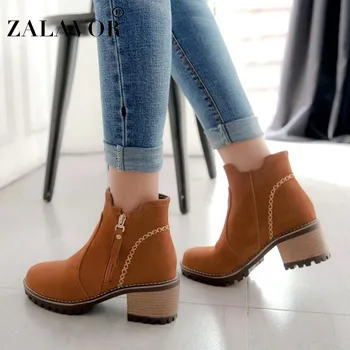 

ZALAVOR Women Ankle Boots Casual Square Heels Winter Fur Shoes Women Keep Warm Round Toe High Heel Botas Mujer Size 33-43
