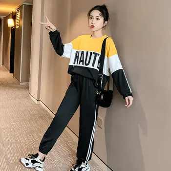 

Autumn New Loose Wild Letter Pattern Patchwork Women Sets Sports Style Top Pants 2 Pieces Sets M-3XL 2019 MM