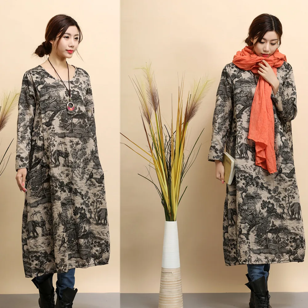 ma fan bu yi осенне-зимнее платье из хлопка и льна с длинным разрезом, юбка с длинными рукавами