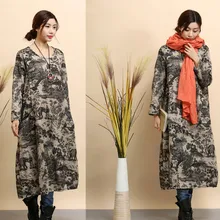 ma fan bu yi осенне-зимнее платье из хлопка и льна с длинным разрезом, юбка с длинными рукавами