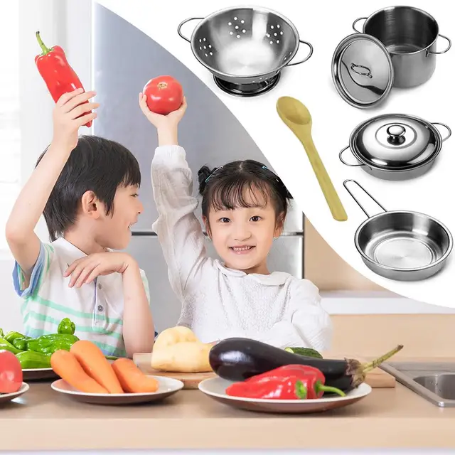 12pcs Girls Kids Mini Pretend Play Tools Stainless Steel Children Kitchen Cookware Pots Pans Food Toys Set Cooking Role Play 2
