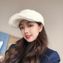 Новинка, модная женская мохеровая зимняя шапка, Женская Повседневная вязаная шапка с помпоном, теплые береты, Женская Бейсболка, шерстяная мягкая шапка с козырьком