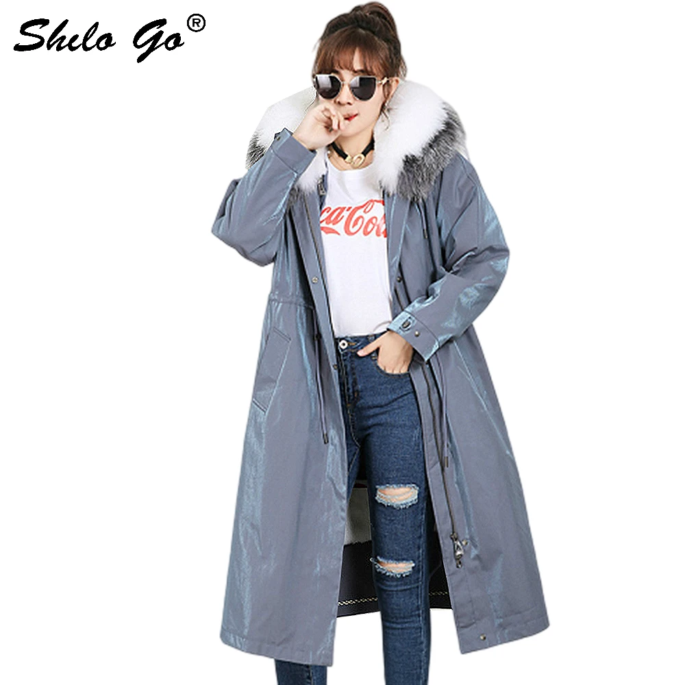 Fur Parkas Highstreet Real Fox Fur Hooded Drawstring Waist Rabbit Fur Lining Long Coat Women Winter Office Lady Workwear Outwear